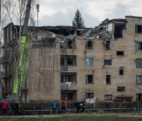 A building heavily damaged by a Russian drone strike, in the town of Rzhyshchiv, in Kyiv region, March 22, 2023