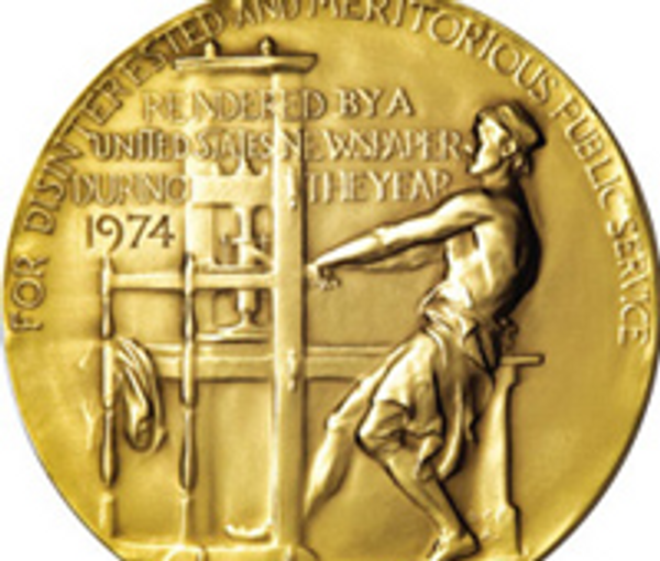 The gold Pulitzer Prize for Public Service medal, which also serves as a symbol of the Pulitzer Prizes in general.