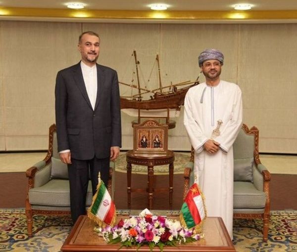 Iran's foreign minister Hossein Amir-Abdollahian with his Omani counterpart Badr Albusaidi in Muscat on April 26, 2023