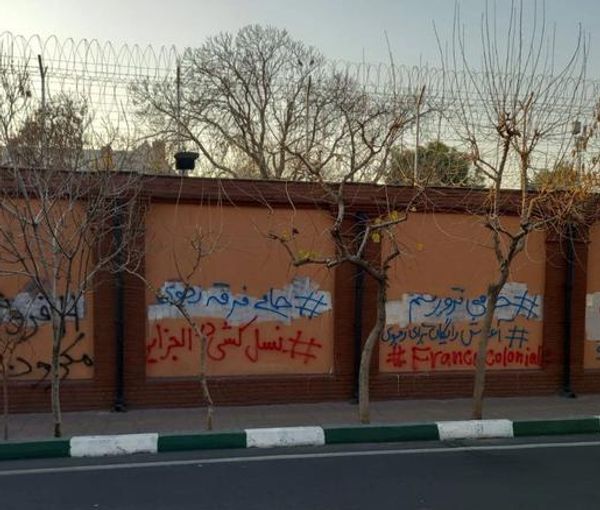 Anti-French graffiti painted on the embassy walls in Tehran on January 5, 2023
