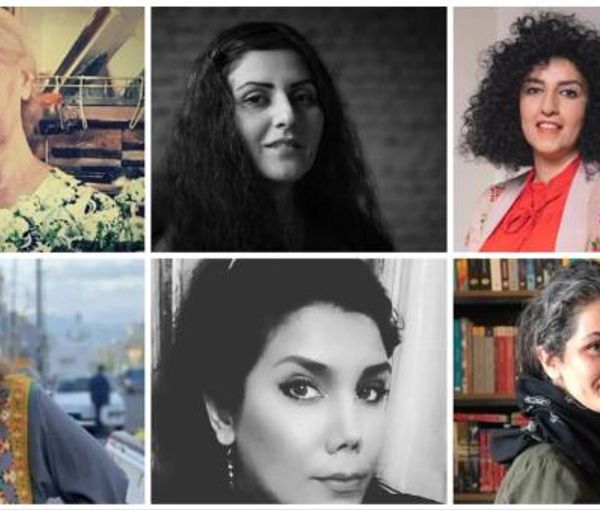Imprisoned human rights activists (clockwise) Nasrin Javadi, Golrokh Iraee, Narges Mohammadi, Bahareh Hedayat, Zohreh Sarv, and Sepideh Gholian