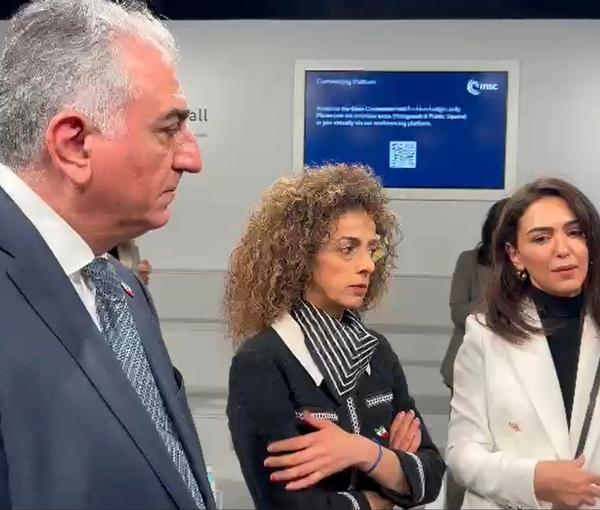 Prince Reza Pahlavi, Masih Alinejad and Nazanin Boniadi at the Munich Security Conference on Feb. 18, 2023