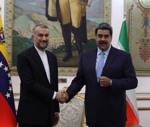 Iranian Foreign Minister Hossein Amir-Abdollahian (left) meets with Venezuelan President Nicolas Maduro in Caracas, Venezuela, on February 3, 2023.