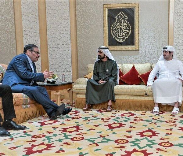 Iran's Supreme National Security Council secretary Ali Shamkhani (left) and UAE Vice President Mohammed bin Rashid Al Maktoum (center) (March 17, 2023)