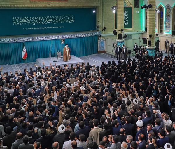Iran’s Supreme Leader Ali Khamenei during a meeting with a group of teachers on the occasion of the Islamic Republic’s National Teachers’ Day on May 2, 2023 