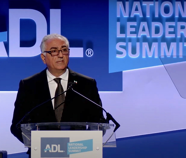 Iran’s exiled prince Reza Pahlavi delivering a speech at the Anti-Defamation League’s ceremony to celebrate Israel's 75th birthday on April 30, 2023
