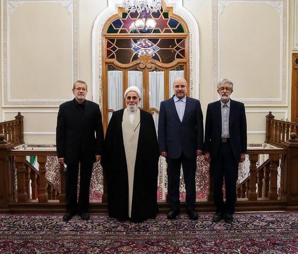 Former parliament speakers Ali Larijani (left), Ali Akbar Nategh-Nouri (2nd left), Gholam-Ali Haddad-Adel (right) and incumbent Mohammad-Bagher Ghalibaf during a meeting in April 2023