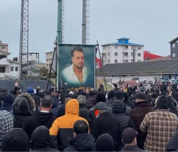 A mourning ceremony for 27-year-old Mehran Samak, who was hit in the head in the city of BandarAnzali with a bullet and died at the hospital on November 30, 2022