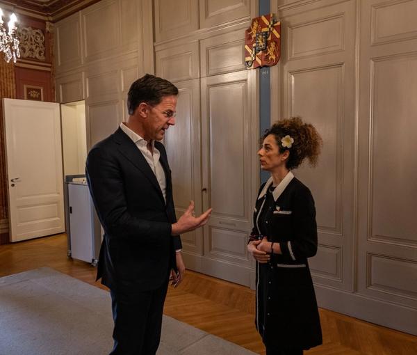 Dutch Prime Minister Mark Rutte in a meeting with Iranian opposition figure Masih Alinejad at the Netherlands’ Ministry of General Affairs in The Hague on March 16, 2023
