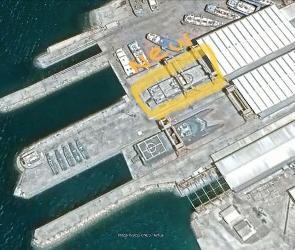 Satellite image from Qeshm Madkandaloo Shipbuilding Cooperative Company shipyard on the island of Qeshm in the Strait of Hormuz in the Persian Gulf  (June 2022)