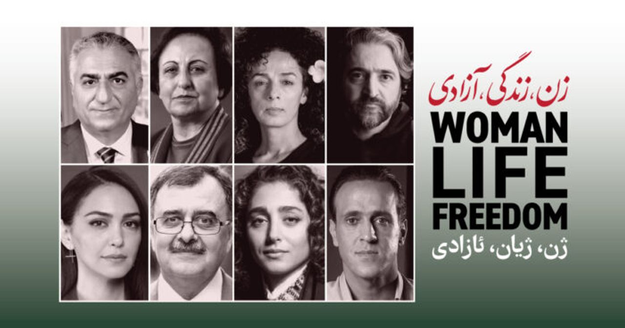 Clockwise - Prince Reza Pahlavi, Shirin Ebadi, Masih Alinejad, Hamed Esmaeilion, Nazanin Boniadi, Abdullah Mohtadi, Golshifteh Farahani and Ali Karimi