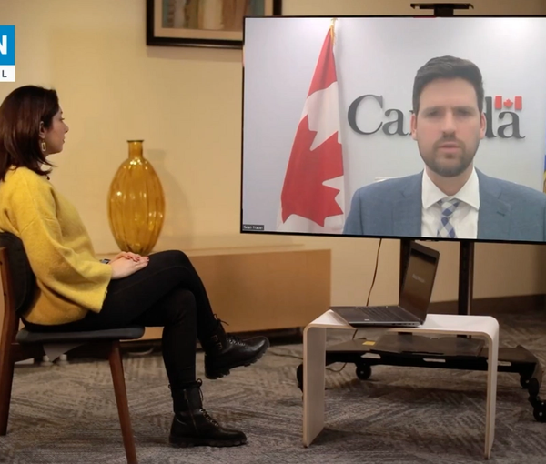 A screen grab from Iran International’s Mahsa Mortazavi with Canada’s Minister of Immigration, Refugees and Citizenship Sean Fraser  (February 2023)