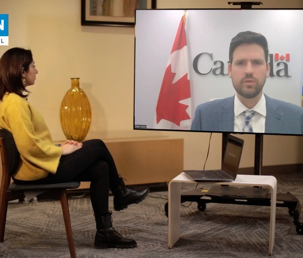 A screen grab from Iran International’s Mahsa Mortazavi with Canada’s Minister of Immigration, Refugees and Citizenship Sean Fraser (February 2023)