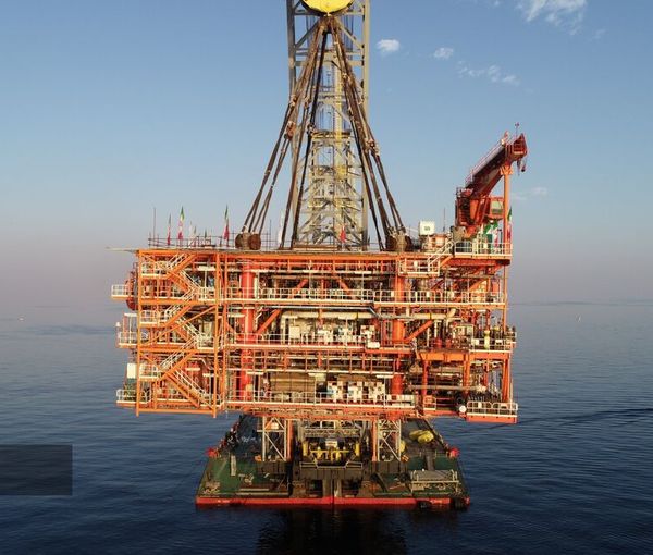 An Iranian natural gas production platform in the Persian Gulf. Undated