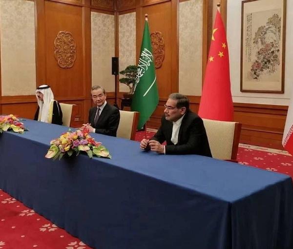 Ali Shamkhani (R) with China's Wang Yi and Saudi Arabia's Musaad bin Mohammed Al Aiban in Beijing on March 10, 2023