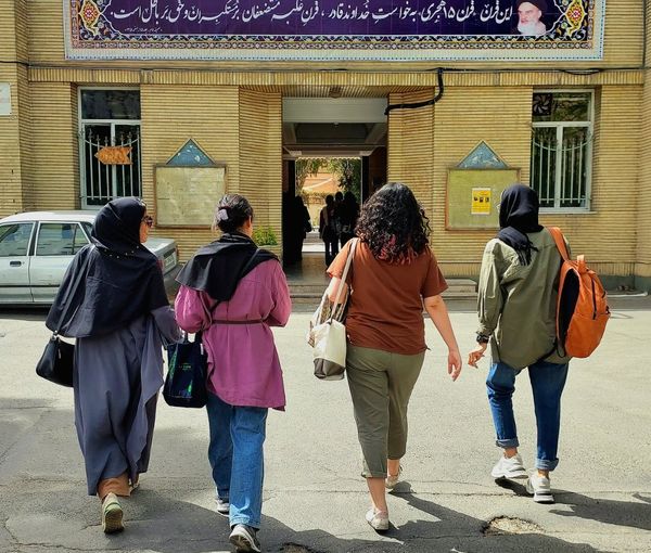 Several students of Al-Zahra university without mandatory hijab in the capital Tehran (April 2023)