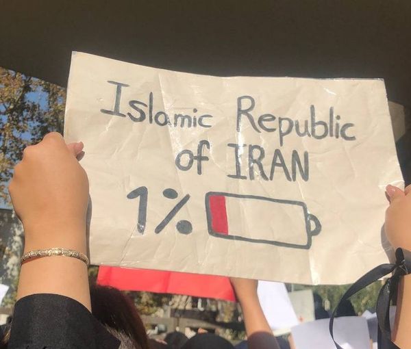 A university student in Tehran in November holding up a sign showing government power in decline