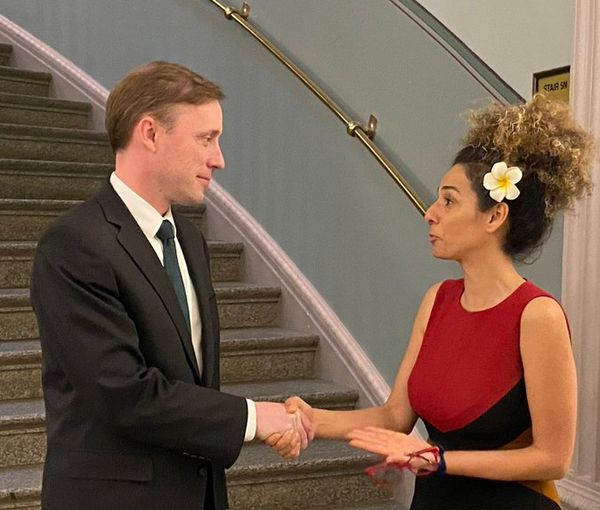US National Security Adviser Jake Sullivan meeting with Masih Alinejad in July 2021 after her kidnapping plot was revealed