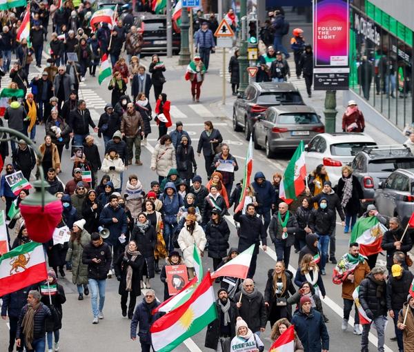 A view of the Iranians’ rally in the Belgian capital Brussels on February 20, 2023  