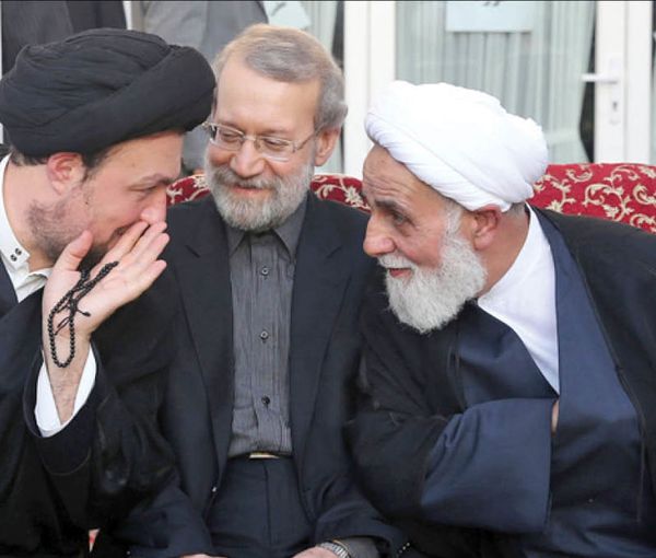 Ayatollah Ruhollah Khomeini's grandson Hassan Khomeini (left), former parliamentary speakers Ali Larijani (center) and Ali Akbar Nateq-Nouri (undated)