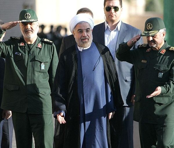 Former Iranian president Hassan Rouhani (center) and IRGC commander-in-chief Hossein Salami (left) and former IRGC chief Mohammad Ali Jafari (undated)