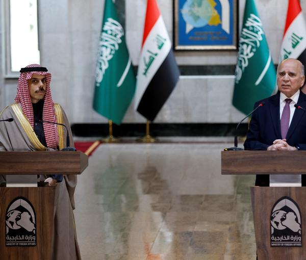 Saudi Arabia's Foreign Minister Prince Faisal bin Farhan Al Saud and Iraqi Foreign Minister Fuad Hussein hold a news conference, at the Ministry of Foreign Affairs in Baghdad, Iraq February 2, 2023.