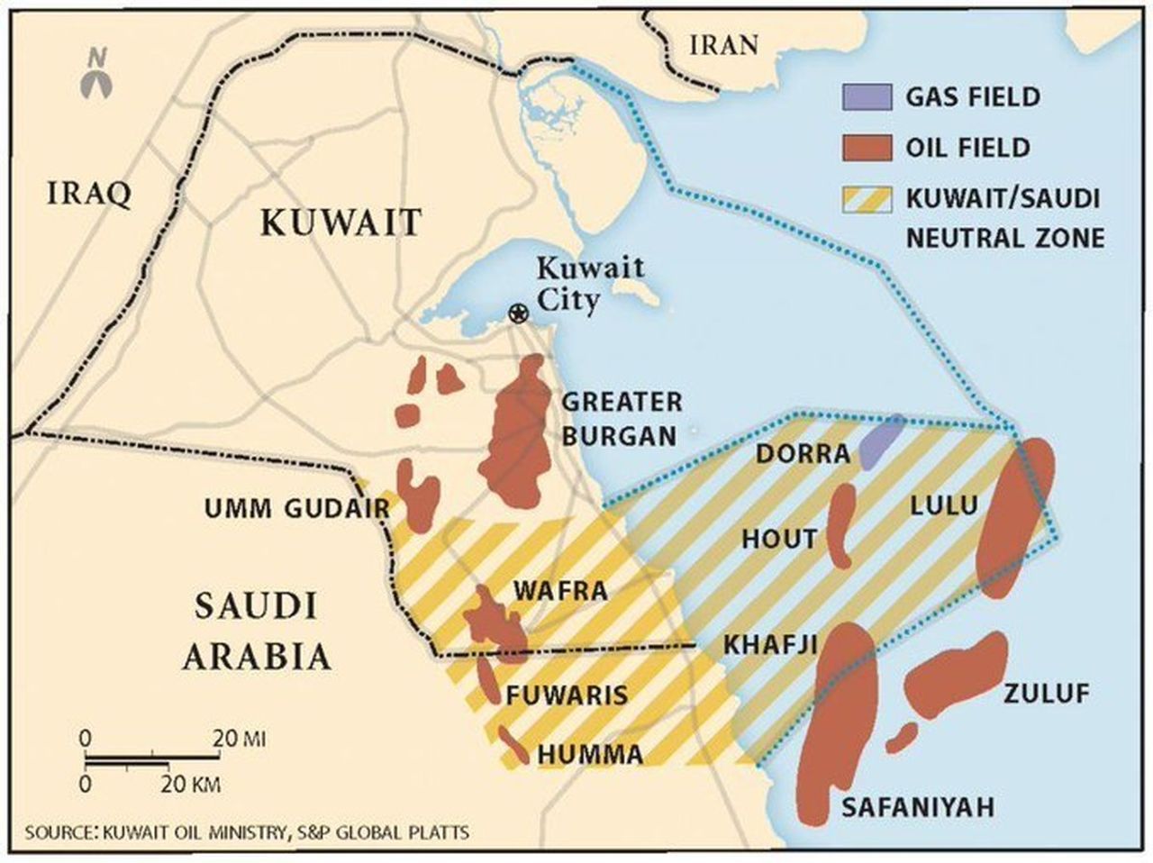 A map from Kuwait's oil ministry showing the Dorra gas field near the tip of the Persian Gulf.