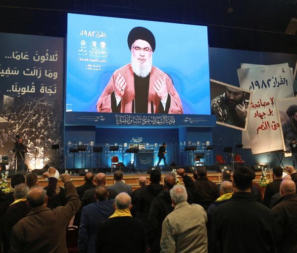 Hezbollah's Hassan Nasrallah addressing supporters in February 2022