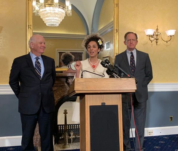 Senator Ben Cardin (D-MD), York-based human rights activist Masih Alinejad (center) and Senator Pat Toomey (R-PA) (file photo)