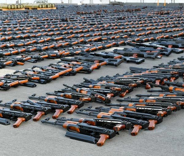Thousands of assault rifles bound for Yemen are on display. February 2023
