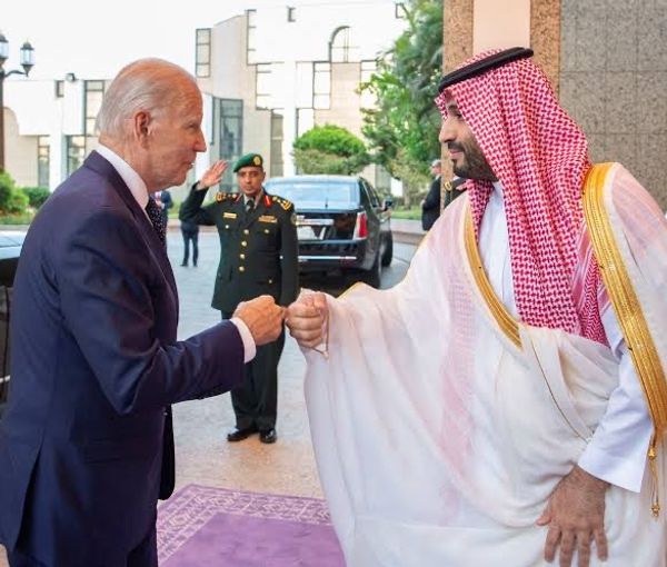 Saudi Crown Prince Mohammed bin Salman fist bumps U.S. President Joe Biden upon his arrival at Al Salman Palace, in Jeddah, Saudi Arabia, July 15, 2022.