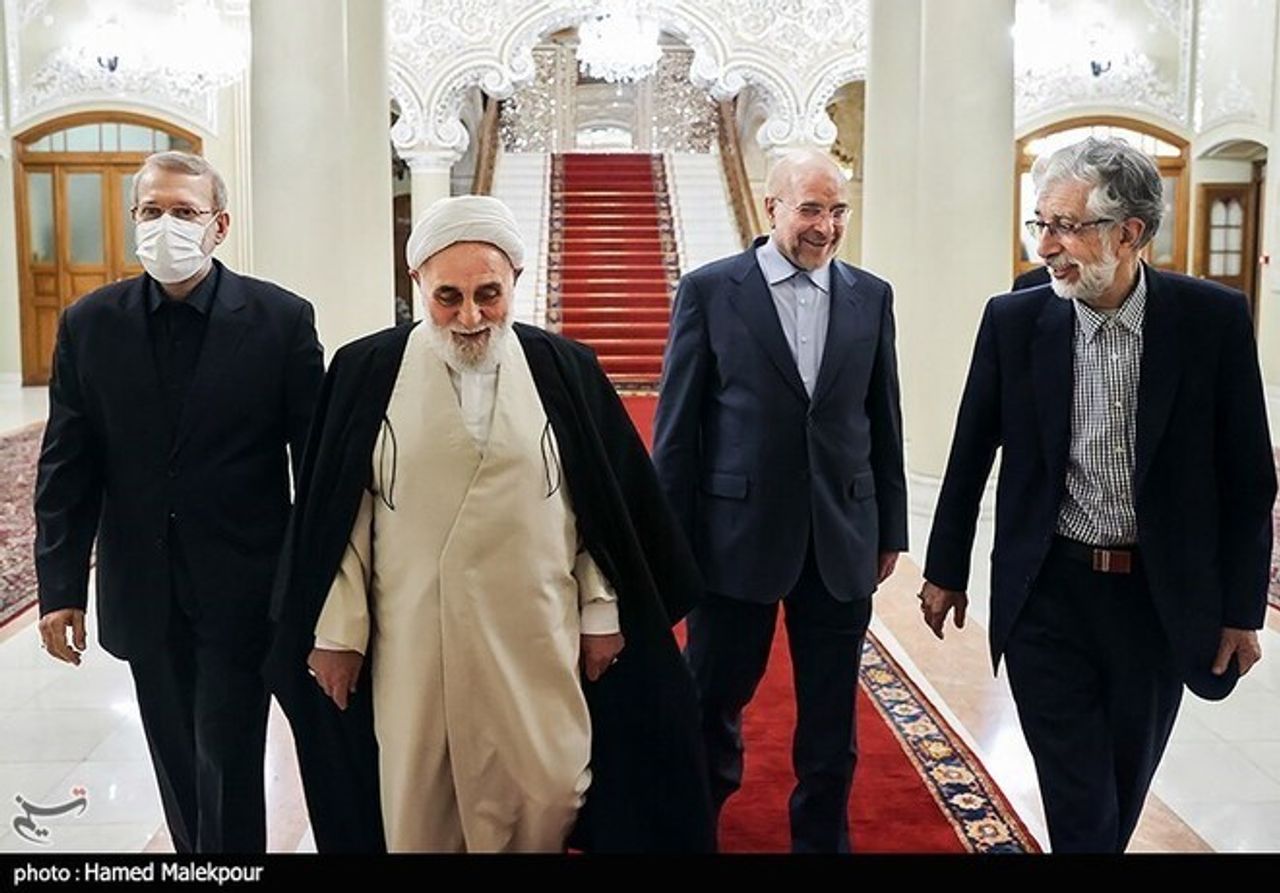 Former parliament speakers Ali Larijani (left), Ali Akbar Nategh-Nouri (2nd left), Gholam-Ali Haddad-Adel (right) and incumbent Mohammad-Bagher Ghalibaf during a meeting in April 2023