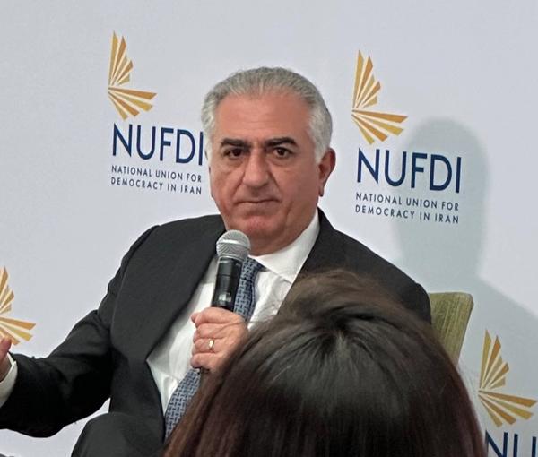 Iran’s exiled Prince Reza Pahlavi speaking at an event held by the National Union for Democracy in Iran (NUFDI) on March 13, 2023