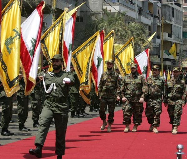 Hezbollah militiamen in a parade in Beirut, Lebanon. Undated