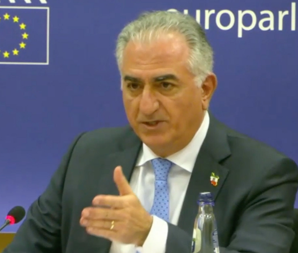 Prince Reza Pahlavi speaking at the European parliament in the Belgian capital Brussels on March 1, 2023 