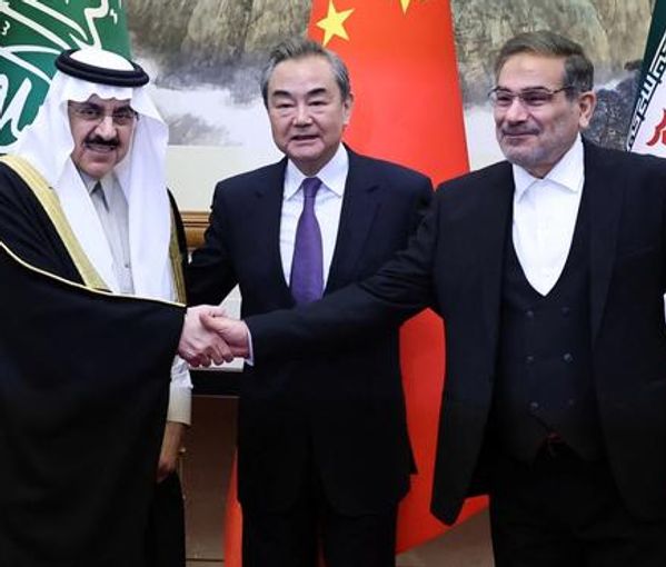 Wang Yi, China’s chief diplomat, Ali Shamkhani (R), Iran’s national security chief, and Saudi representative Musaad bin Mohammed Al Aiban in Beijing, March 10, 2023
