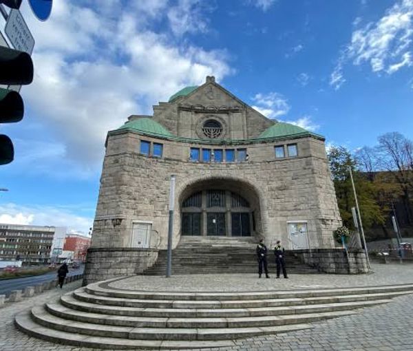 Police officers guard the Essen synagogue after several bullet holes where found this morning in a nearby building in Essen, Germany, November 18, 2022.