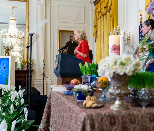 US First Lady Jill Biden speaking during a reception to celebrate Nowruz on March 20 in the East Room of the White House in Washington, D.C.