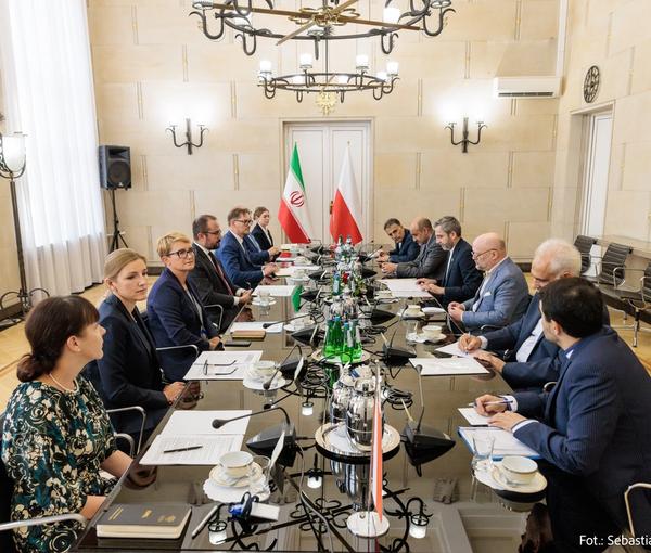 Poland’s Undersecretary of State at the Foreign Ministry Paweł Jabłoński during a meeting with Iran’s Deputy Foreign Minister for Political Affairs Ali Bagheri-Kani in Warsaw on July 19, 2023  