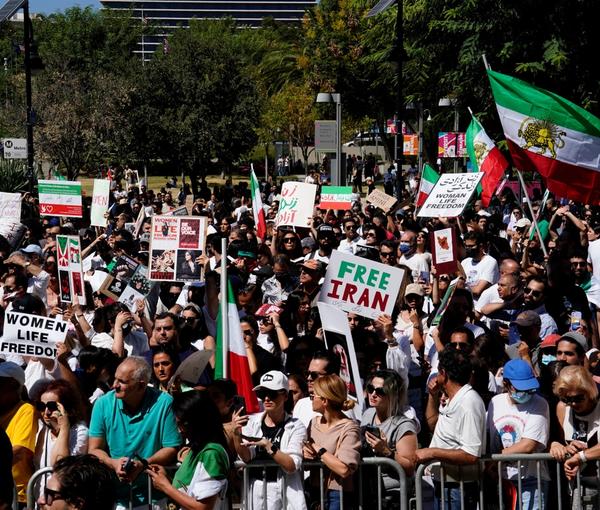 Demonstrators at a Freedom Rally for Iran, protesting outside City Hall in Los Angeles, October 1, 2022