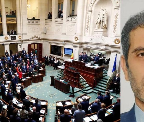 A combo image of the Belgian Parliament and Iranian diplomat Asadollah Assadi, imprisoned in the country for masterminding failed terrorist attacks in Europe (file photo)