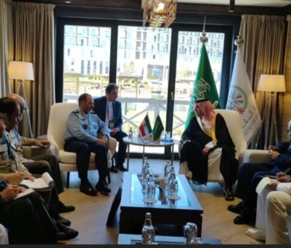 Saudi Deputy Defense Minister Talal bin Abdullah Al-Otaibi (right) during a meeting with Iran’s Deputy Chief of Staff for the Armed Forces Aziz Nasirzadeh in Moscow on August 16, 2023 