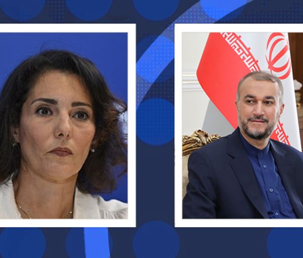 Belgium's Foreign Minister Hadja Lahbib and her Iranian counterpart Hossein Amir-Abdollahian (file)