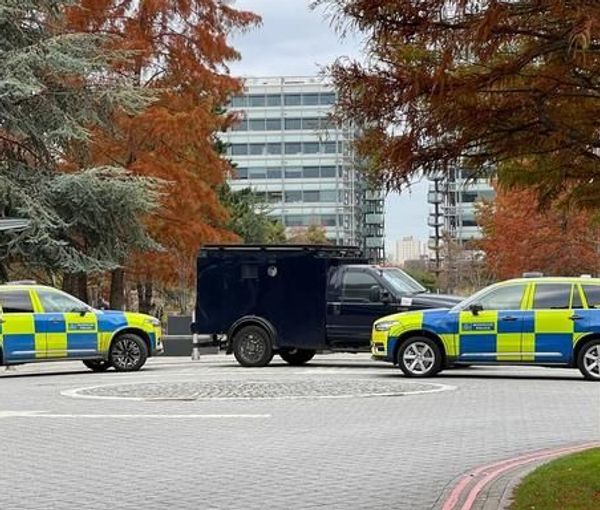 Police presence in London's Chiswick Park where Iran International's headquarters is located. February 2023