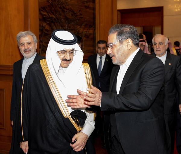 Saudi Minister of State and National Security Adviser Musaed bin Mohammed Al-Aiban, meets the Iranian Rear Admiral Ali Shamkhani, the secretary of the Supreme National Security Council, in Beijing, China, March 10, 2023.