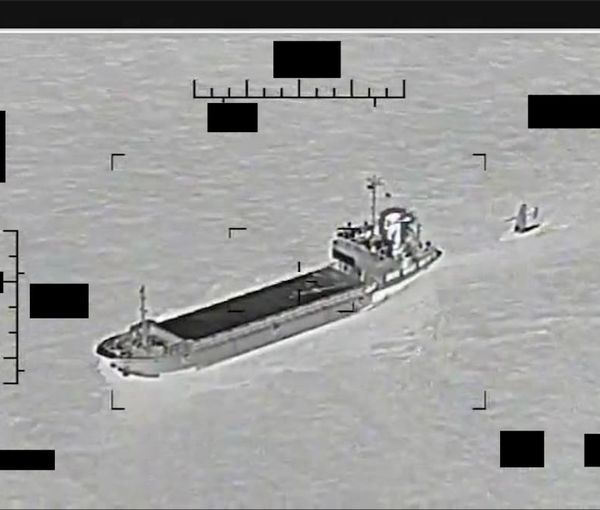 Screenshot of a video showing support ship Shahid Baziar (left) from Iran's Islamic Revolutionary Guard Corps Navy unlawfully towing a Saildrone Explorer unmanned surface vessel in international waters of the Persian Gulf on August 30, 2022 