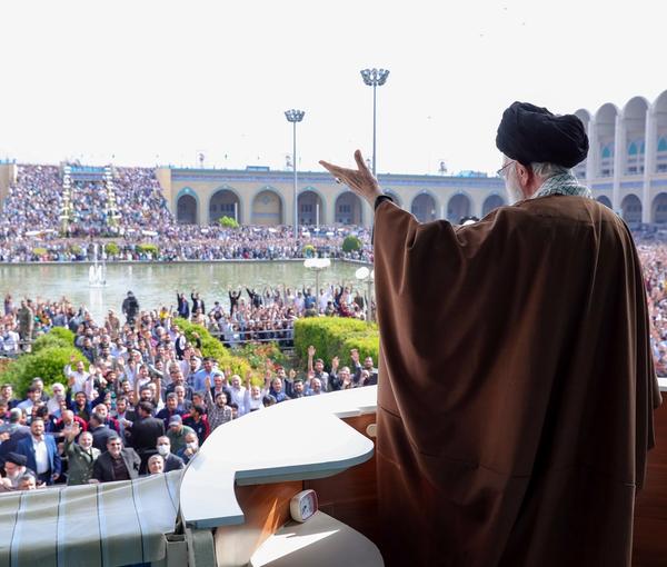 Iran’s ruler Ali Khamenei addressing his supporters at Tehran’s Mosalla on April 22, 2023 