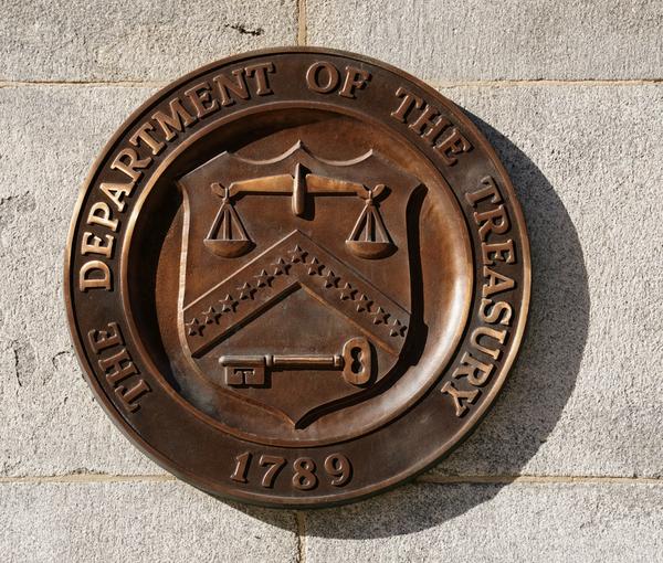 A bronze seal for the Department of the Treasury is shown at the US Treasury building in Washington (January 2023)