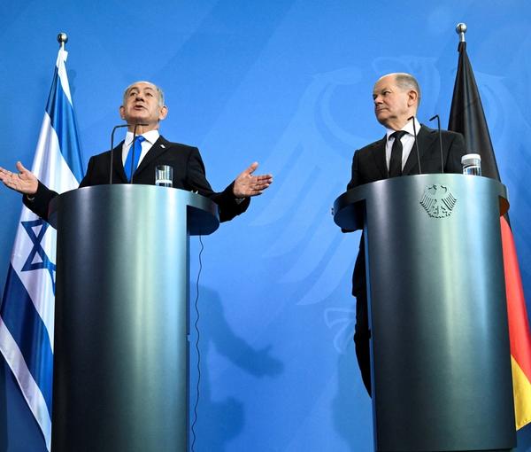 German Chancellor Olaf Scholz and Israeli Prime Minister Benjamin Netanyahu address a news conference at the Chancellery in Berlin, Germany, March 16, 2023.