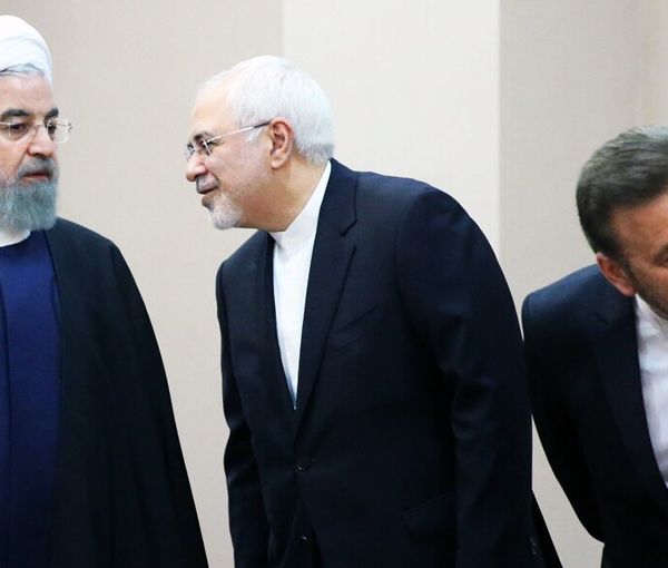 Former president Hassan Rouhani (left), former foreign minister Javad Zarif (center), and former minister of information and communications technology Mahmoud Vaezi in Kazakhstan's capital, Astana (February 2019)  